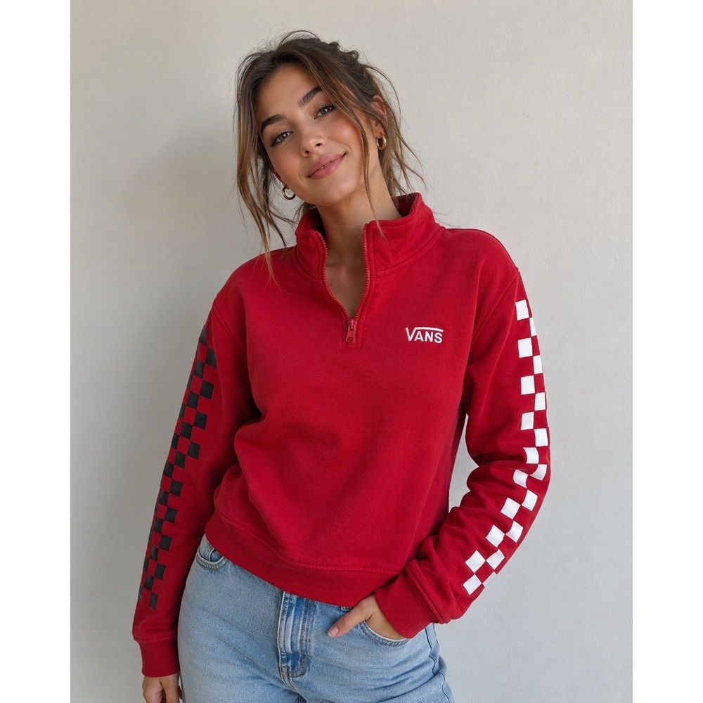 Vans Quarter Zip Sweatshirt Women S Red Checkerboard crop gorpcore Y2K skater - Picture 1 of 10